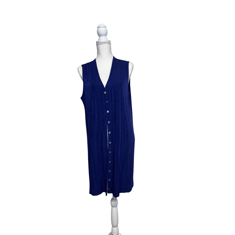 Chico's Travelers Long Blue Buttoned Sleeveless Cardigan Women's Size 3